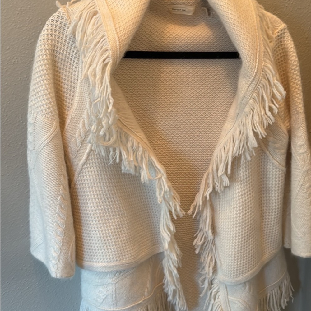 Anthropology, White Chunky Knit Cardigan with Open Front and Fringe Detail
